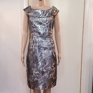 Silver Midi Sheath Dress with Bateau Neckline for Wedding Guest